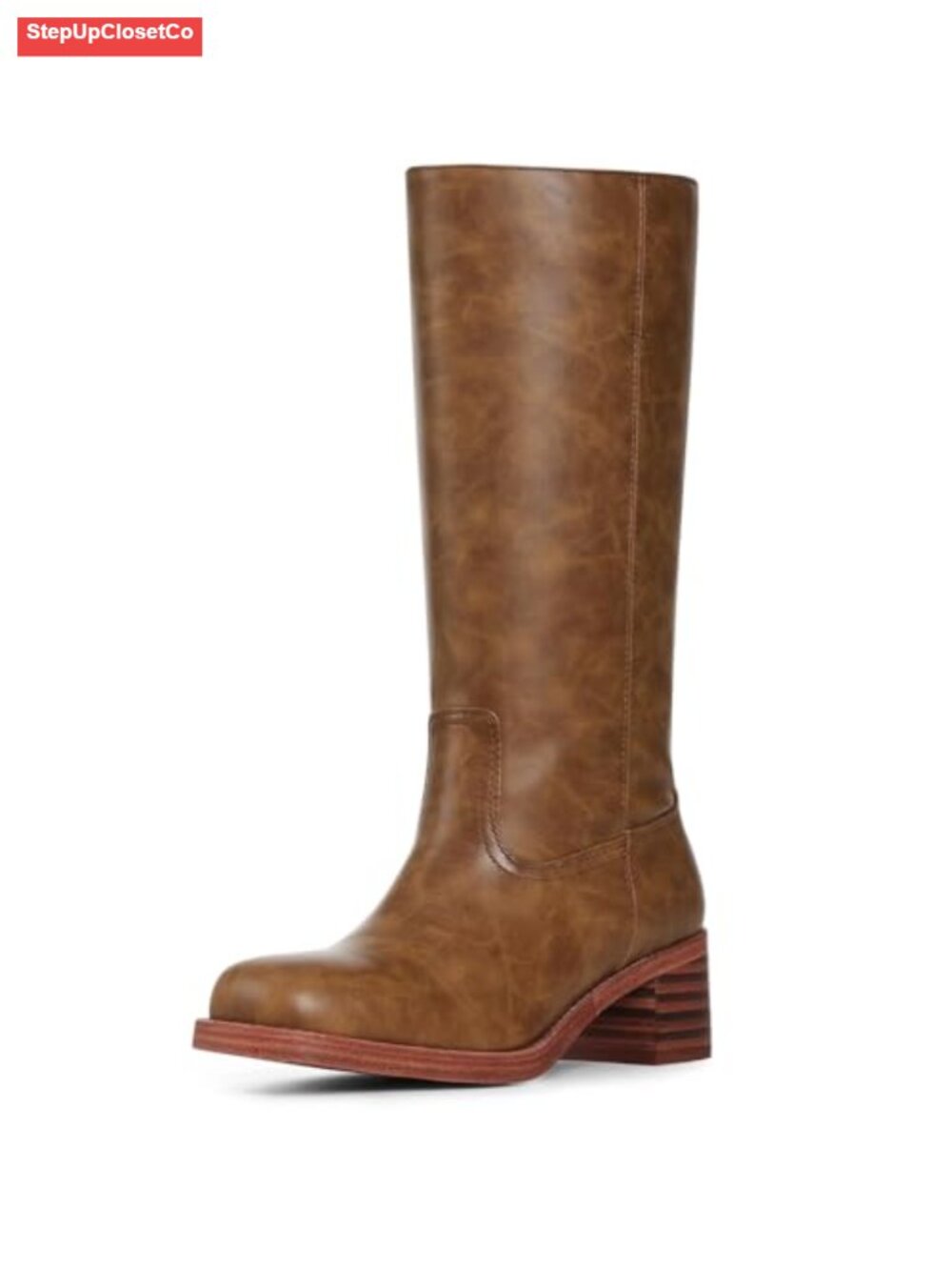 Women's Knee High Wide Calf Leather Boots Square Toe Chunky Block Heel Pull On